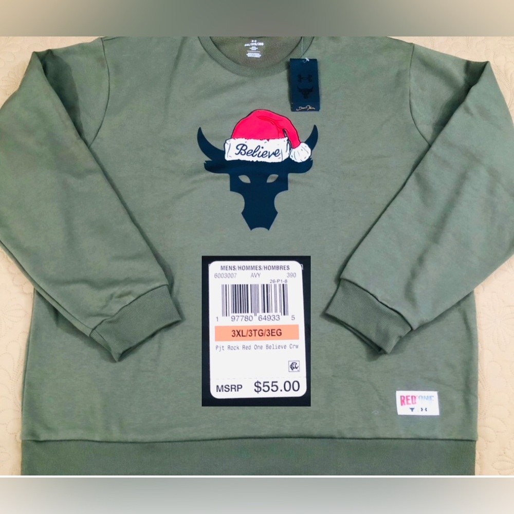 NEW..MEN 3XL PROJECT ROCK UNDER ARMOUR RED ONE BELIEVE SWEATER (MARINE GREEN)